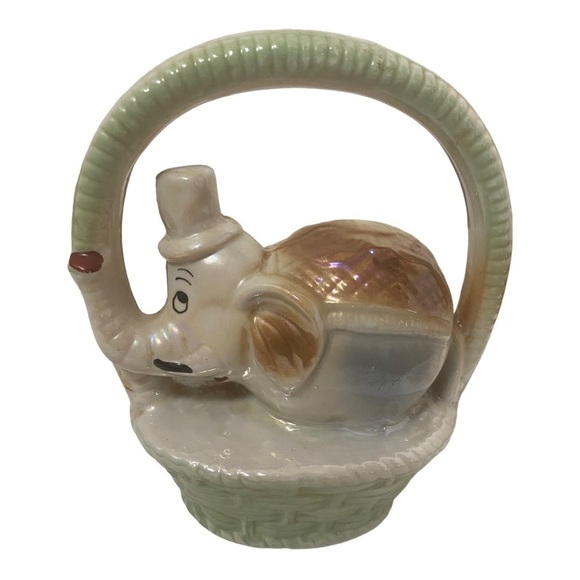 Vintage 1905 Elephant Wearing a hat in a Basket. Luster Finish Tan Green White.